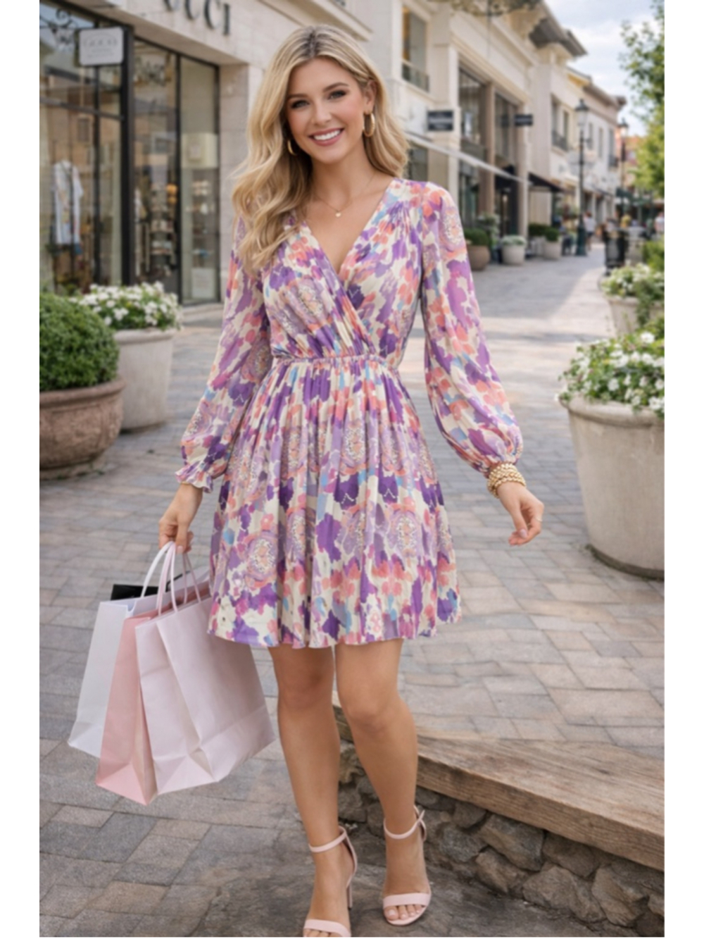 Women's Dress Size S Purple Floral Print Long Sleeve Summer